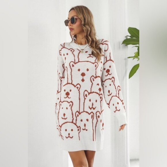Bear Pattern Round Neck Sweater Dress - Picture 1 of 3